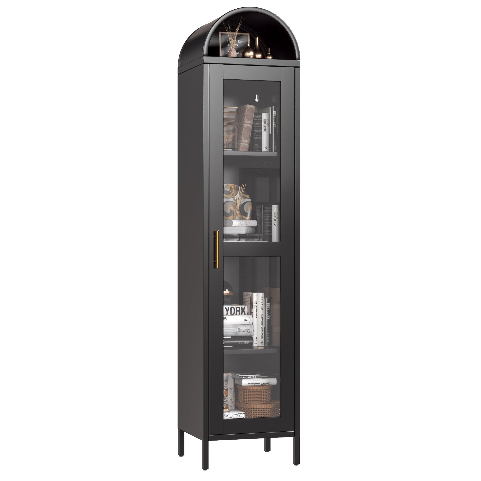 Coocosh arched storage cabinet offers durable steel construction, featuring adjustable shelves, in a sleek black and white color scheme, ideal for organizing indoor spaces.