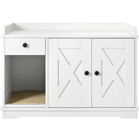 GO Cat Litter Box Enclosure, Hidden Litter Box Furniture with Storage Drawer & Mat — Farmhouse White