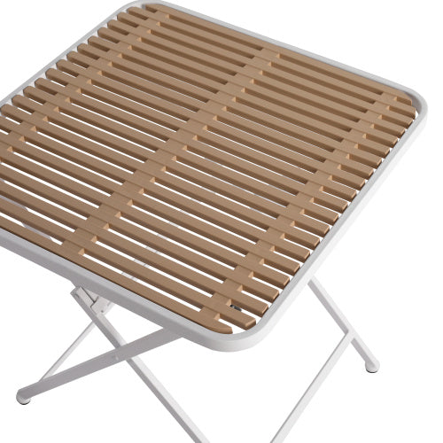 Coocosh Folding Table with slatted design made of durable wood and steel frame, featuring a modern tan and white color combination. Ideal for outdoor use, dimensions suitable for compact spaces. Top-down view highlighting its stylish structure.