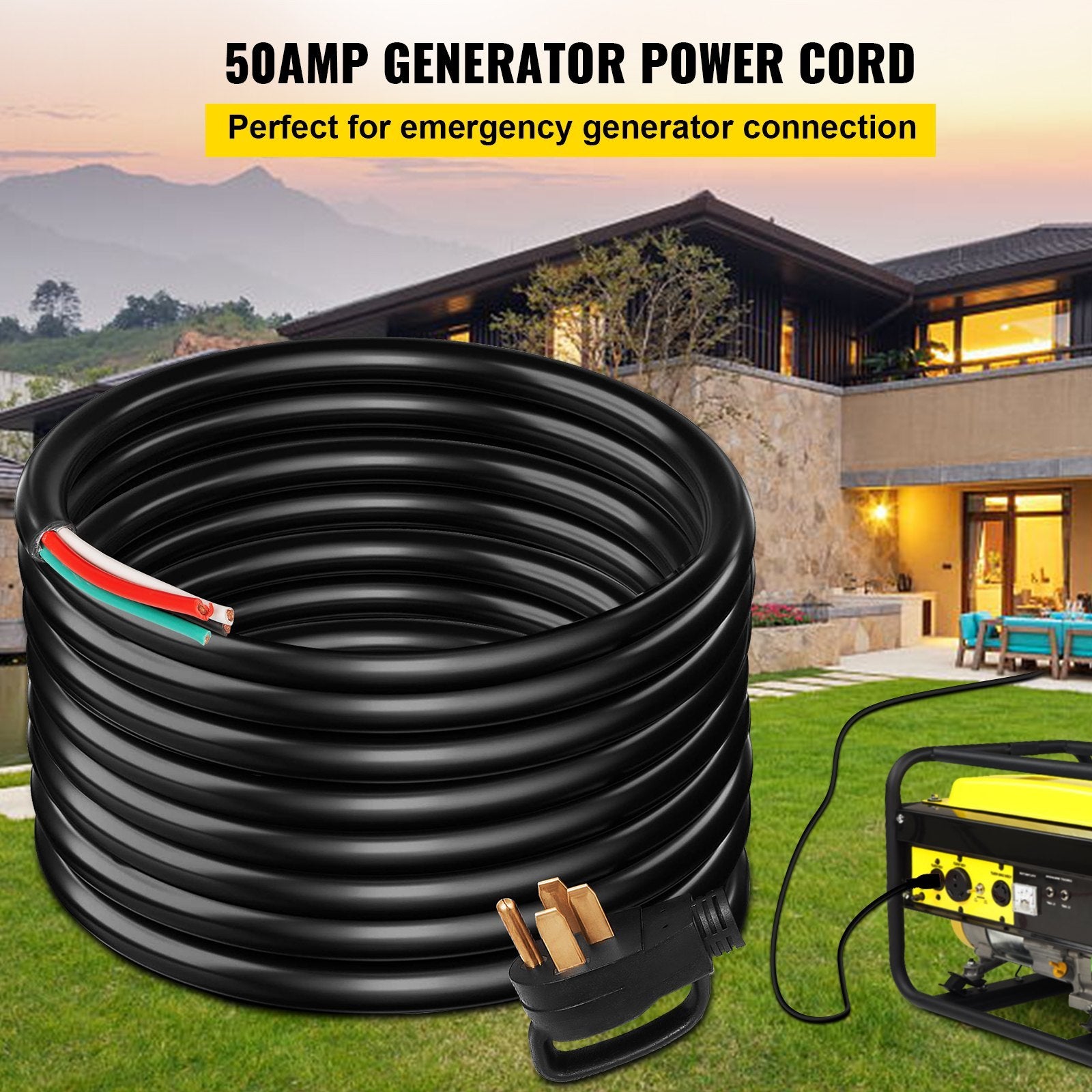 VEVOR 25Ft 50Amp Generator Extension Cord 6 Gauge STW N14-50P To Bare Wire