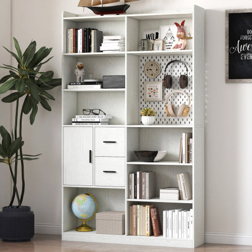 Coocosh white modern bookshelf with open shelves and storage cabinet showcasing home decor items, books, and plants, offering stylish organization and display for living spaces. Main view.