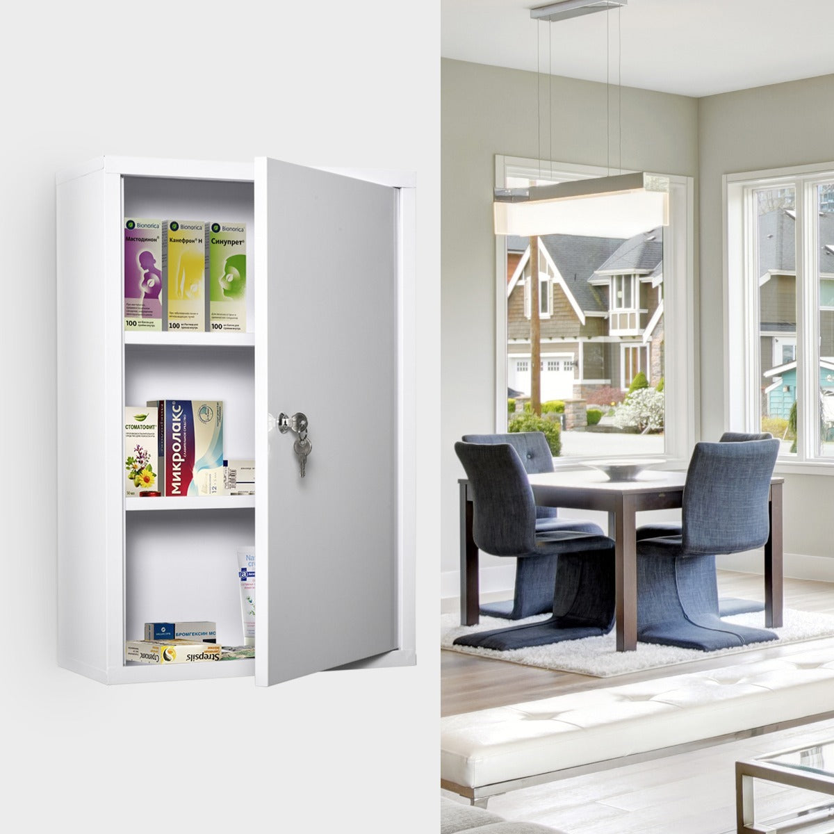Coocosh Storage Cabinet with Lockable Door, Modern White Finish, Spacious Interior, Ideal for Organizing Household Essentials, 24 x 30 inches, Displayed in a Contemporary Dining Room Setting.
