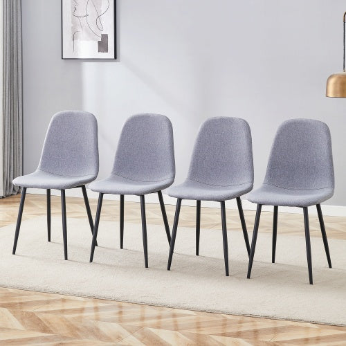 Luxury Simple Chair - Set of 4 Light Gray Linen-Cotton Dining Chairs with Black Metal Legs