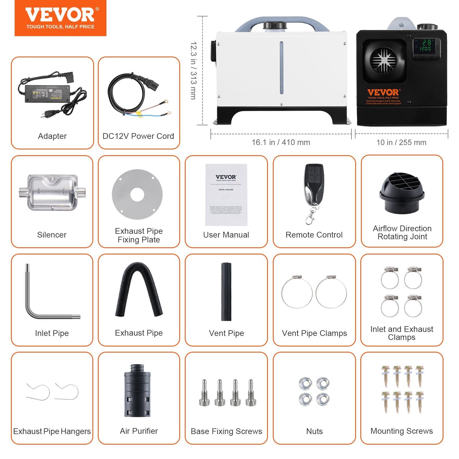 VEVOR 5-8KW Diesel Air Heater, Remote Control & LCD — Portable Truck, RV & Van Heater