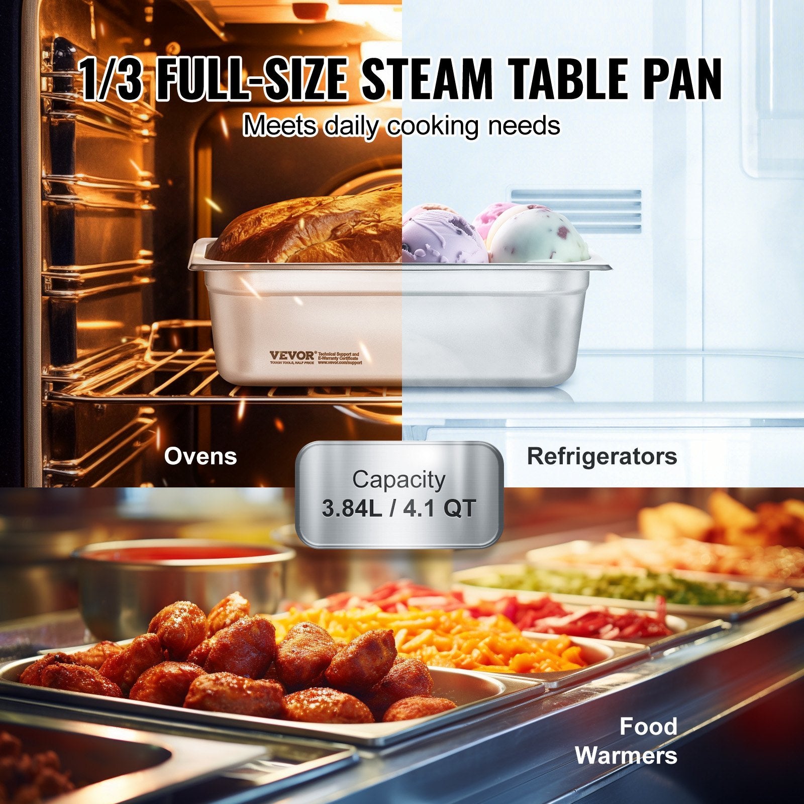 VEVOR 6 Pack Hotel Pans, Anti-Jam Steam Pan, 0.8mm Stainless Steel, 4in Deep (6pcs)