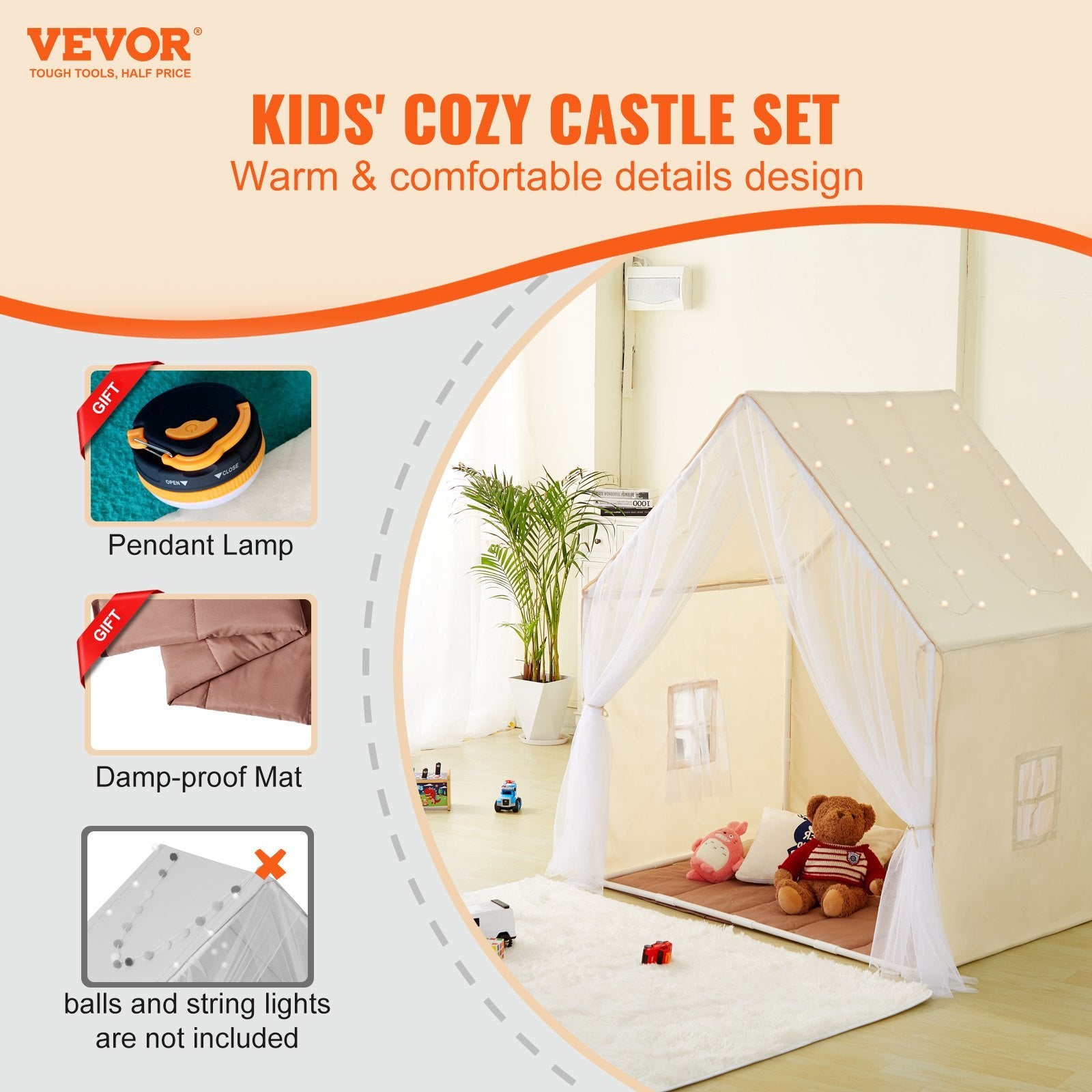 VEVOR Kids Play Tent, Yurt Playhouse with Mat & Pendant Lamp - Beige