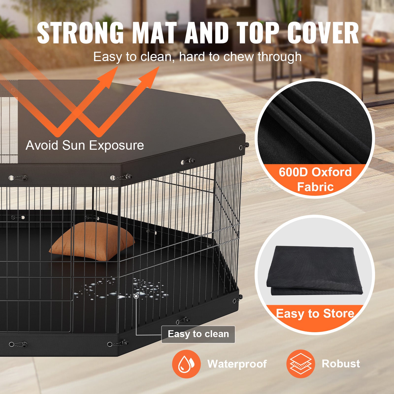 VEVOR Dog Playpen, 8 Panels Foldable Metal Dog Exercise Pen with Top Cover & 600D Oxford Bottom Pad, 24in H - 63" x 63"
