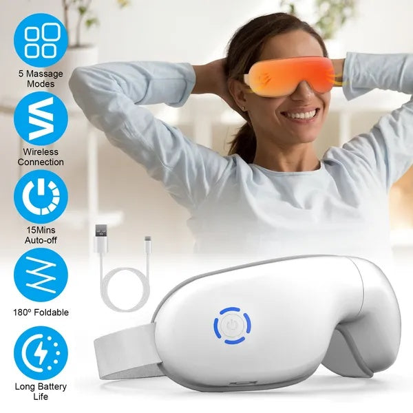 Coocosh smart eye massager, white, in lifestyle context with woman wearing orange eye mask, featuring 5 massage modes and 15-minute auto-off for ultimate relaxation.
