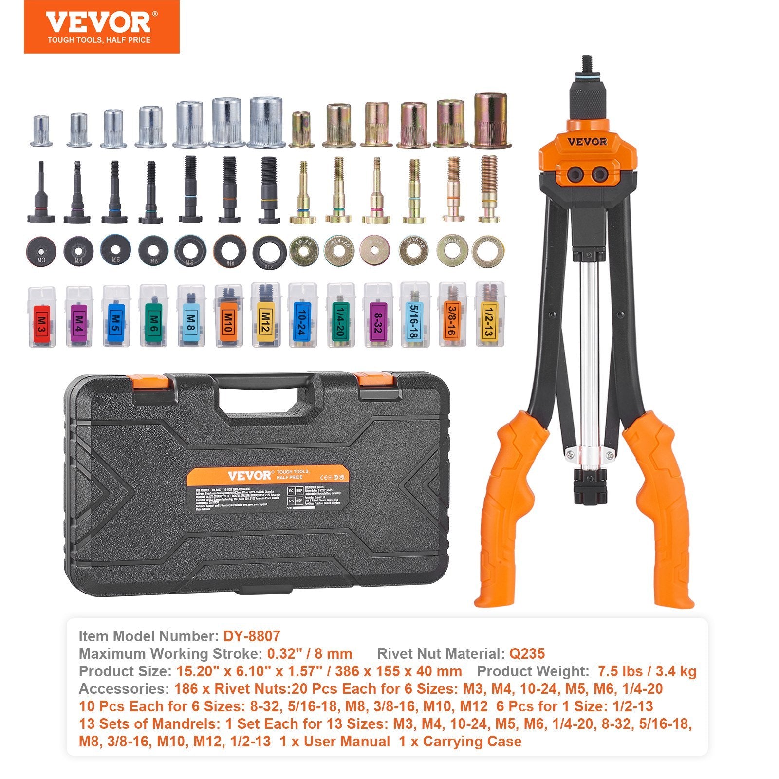 VEVOR 16" Semi-Auto Rivet Nut Tool Kit — 13 Mandrels & 186 Rivet Nuts (M3–M12)
