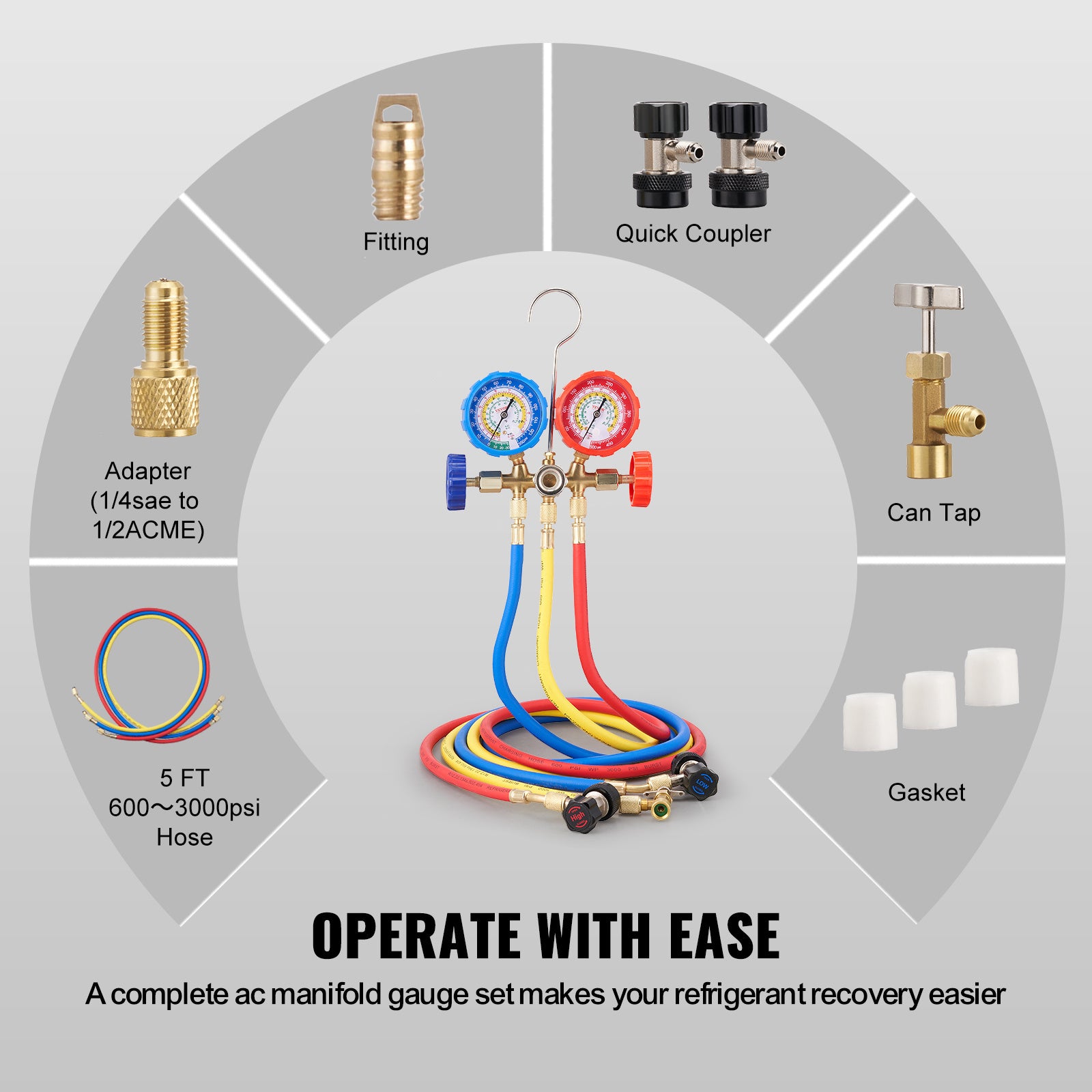 VEVOR AC Gauge Set - 3 Way AC Manifold Gauge Set For R134A R22 R12 R502 Refrigerant, Freon Gauges With 5ft Hoses, Couplers, Can Tap