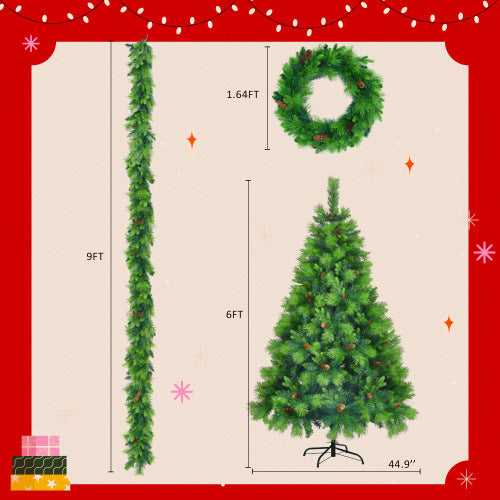 6FT Grass Green Pre-Lit Christmas Tree Set with 9ft Garland & 1.64ft Wreath