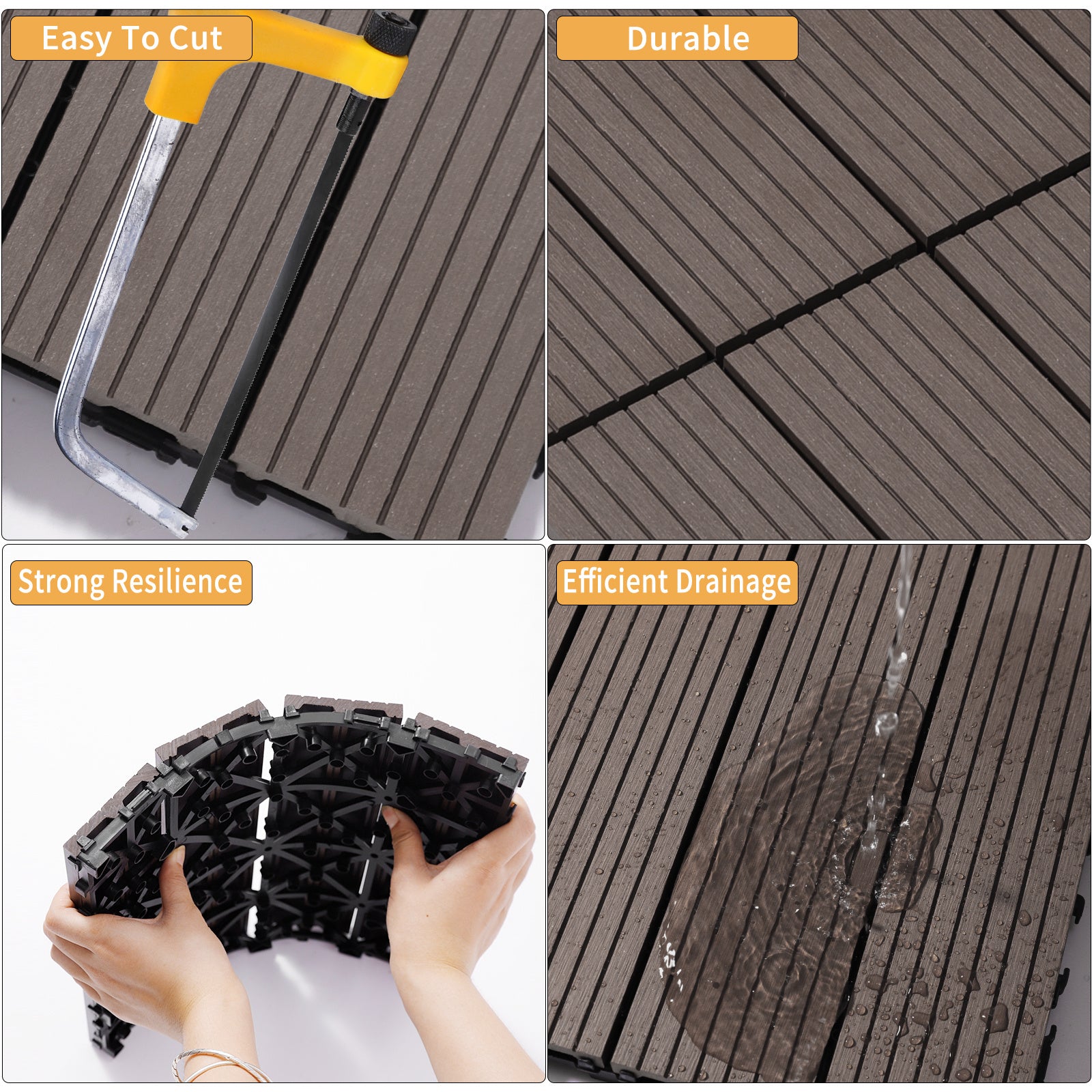 Coocosh Interlocking Floor Tiles featuring durable PE Netting, brown color, designed for efficient drainage. Dimensions perfect for versatile spaces, showcased in a close-up view demonstrating easy cutting and strong resilience.