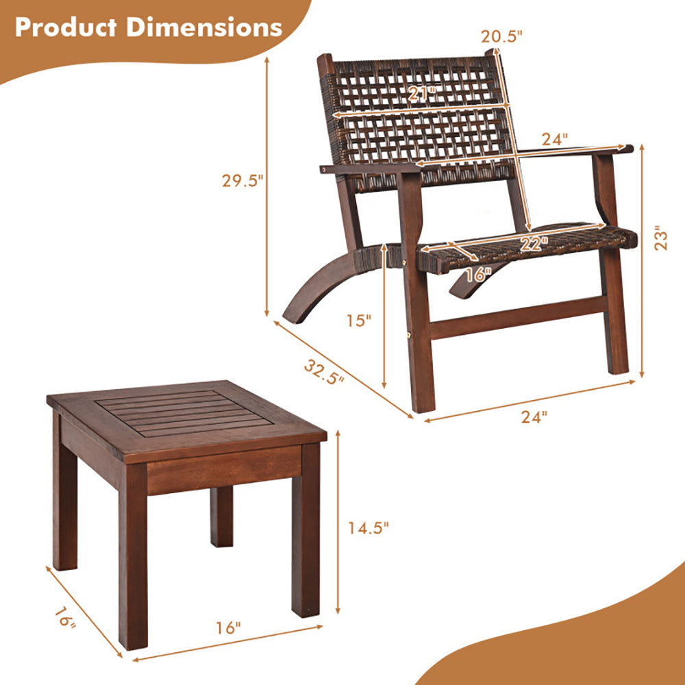 Coocosh Outdoor Furniture Set featuring a comfortable chair and table, crafted from sturdy PE netting and hardwood, in a rich mahogany color, with chair dimensions 32.5" H x 24" W x 29.5" D, and table dimensions 14.5" H x 16" W x 16" D for stylish outdoor