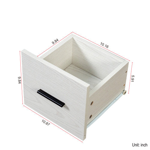 Coocosh Wooden Drawer Container featuring a sleek design, made from durable MDF material, in a light wood finish. Dimensions are 10.87 x 10.16 x 5.91 inches. This main view highlights easy access with a stylish black handle.
