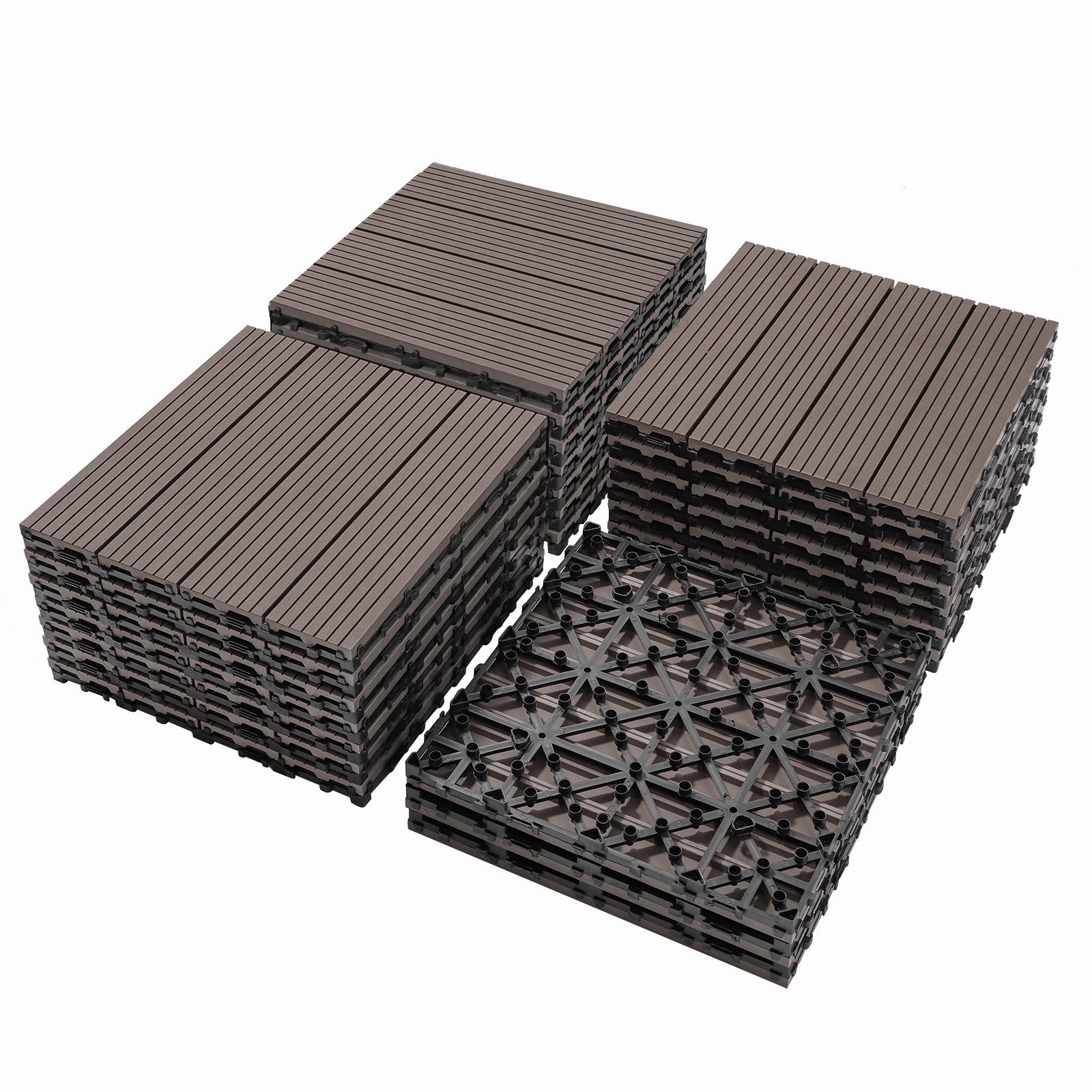 Coocosh Interlocking Deck Tiles Made from Durable PE Netting in Rich Dark Brown, each tile measuring 12x12 inches, showcased in a stacked perspective for optimal viewing of texture and design.
