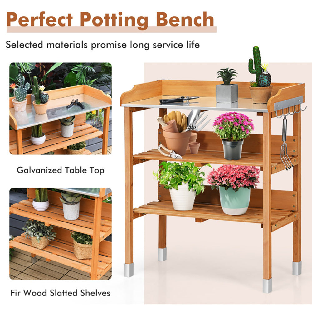 Garden Wooden Potting Bench Work Station With Hook