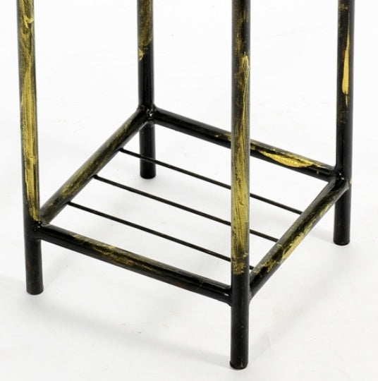 17" Gray Stone Slab 2-Tier Small Square Black & Gold Cast Metal Plant Stand