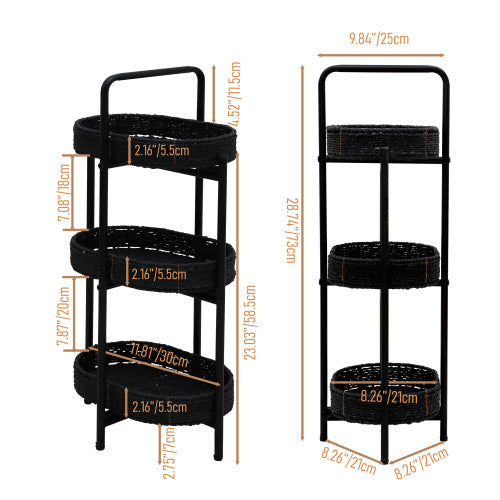 Small Handwoven Side Tables 3-Tier Oval Organizer Portable Storage Shelf For Kitchen, Living Room, Bedroom, Balcony, Picnic - Black