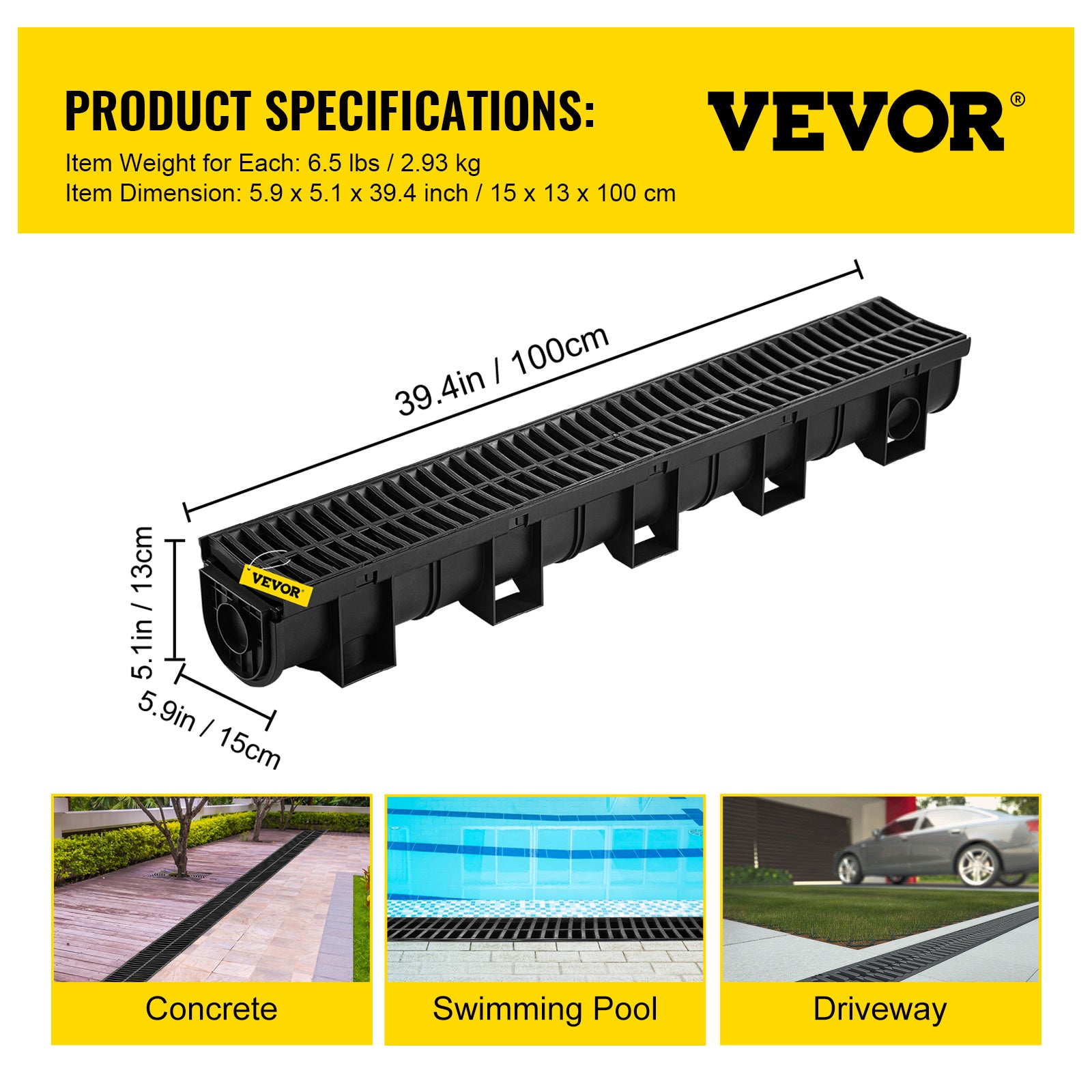 VEVOR Trench Drain System, Channel Drain with Plastic Grate, 5.9x5.1-Inch HDPE Drainage Trench, Black
