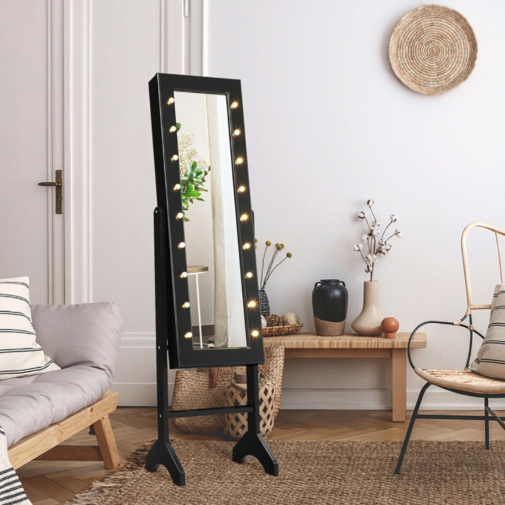 Coocosh Full-Length Mirror with LED Lights, Black Frame, Standing Design, Dimensions: 63 x 20 inches, Perfect for Dressing Rooms or Bedrooms.