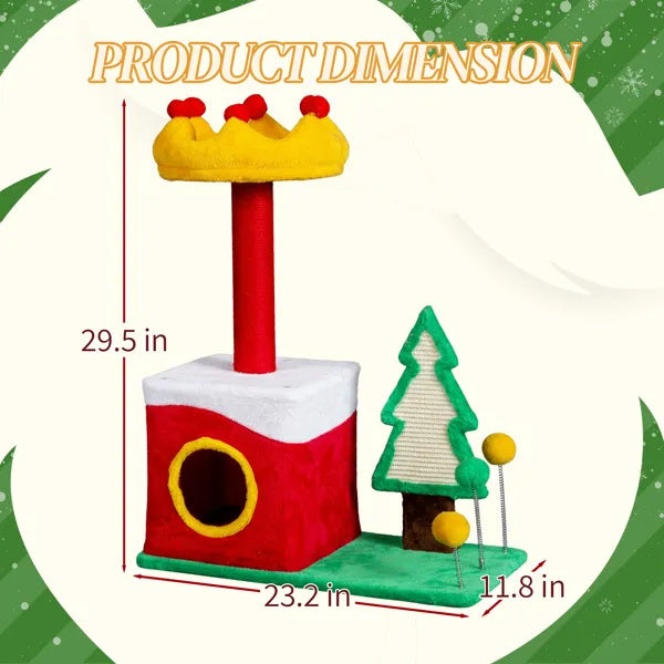 29.5in Christmas-Themed Plush Cat Tree — Multi-Level Cat Tower & Condo