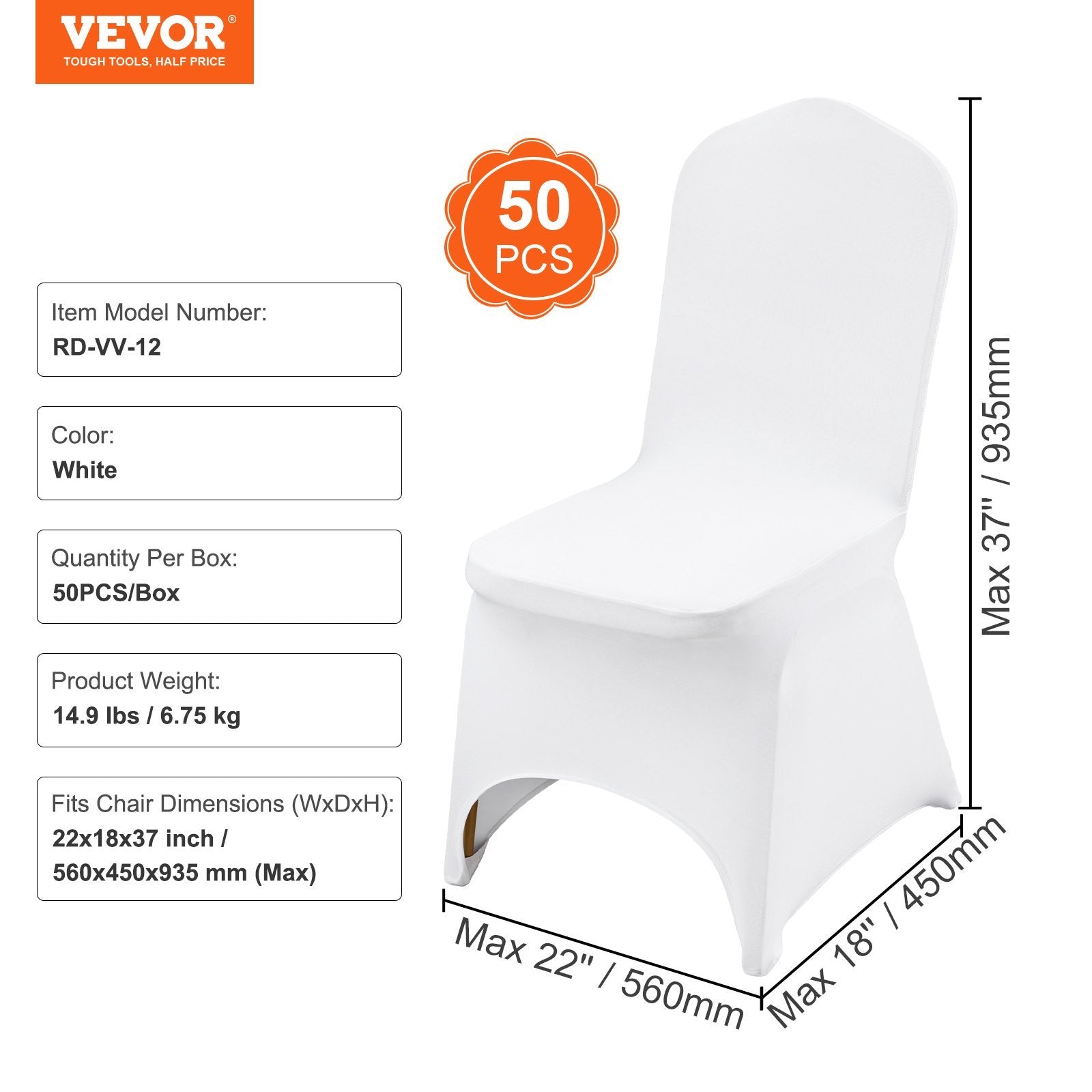 VEVOR Stretch Spandex Folding Chair Covers, Universal Fitted Arched Front Cover, Removable Washable Slipcovers, 50PCS White