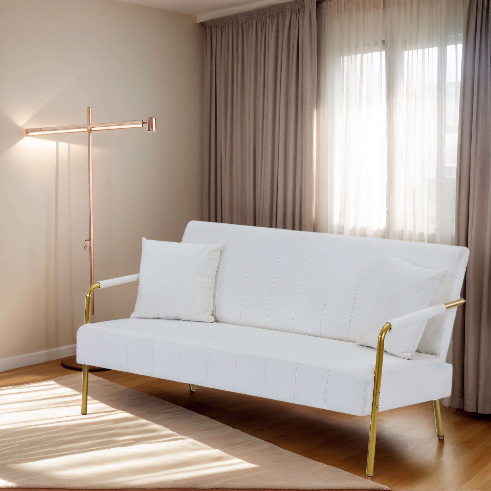 Coocosh Loveseat Sofa featuring a sleek, modern design with metal legs, upholstered in white faux leather with a vertical stitched pattern, as seen in a styled room setting. A perfect piece for contemporary living rooms with elegant design. With white pil