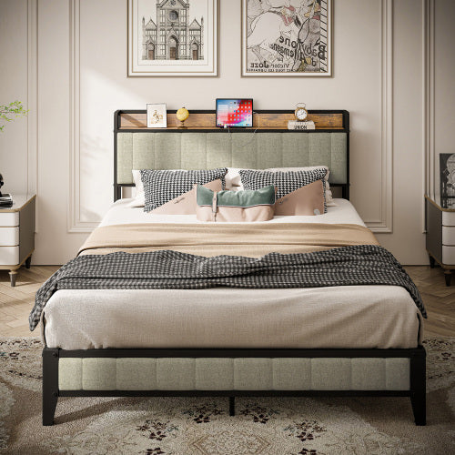 Full Size Bed Frame With Charging Station, Upholstered Headboard, Metal Platform - Light Gray