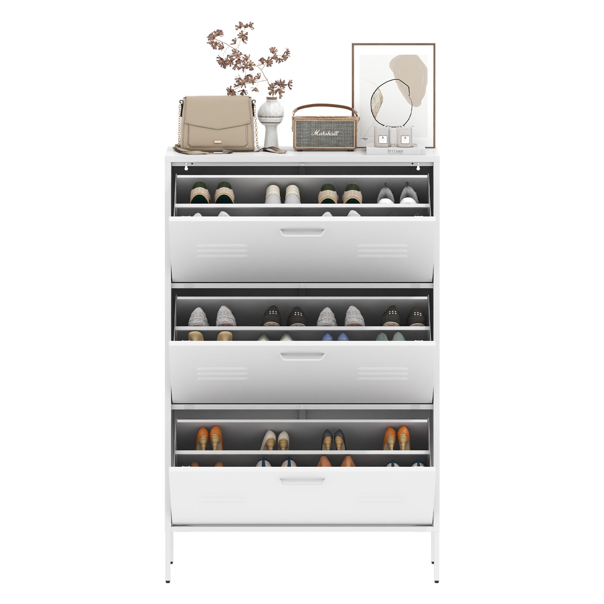 Coocosh Shoe Storage Cabinet featuring sleek design, made of durable materials in clean white color, designed for compact spaces, offering organized storage for various shoe styles.