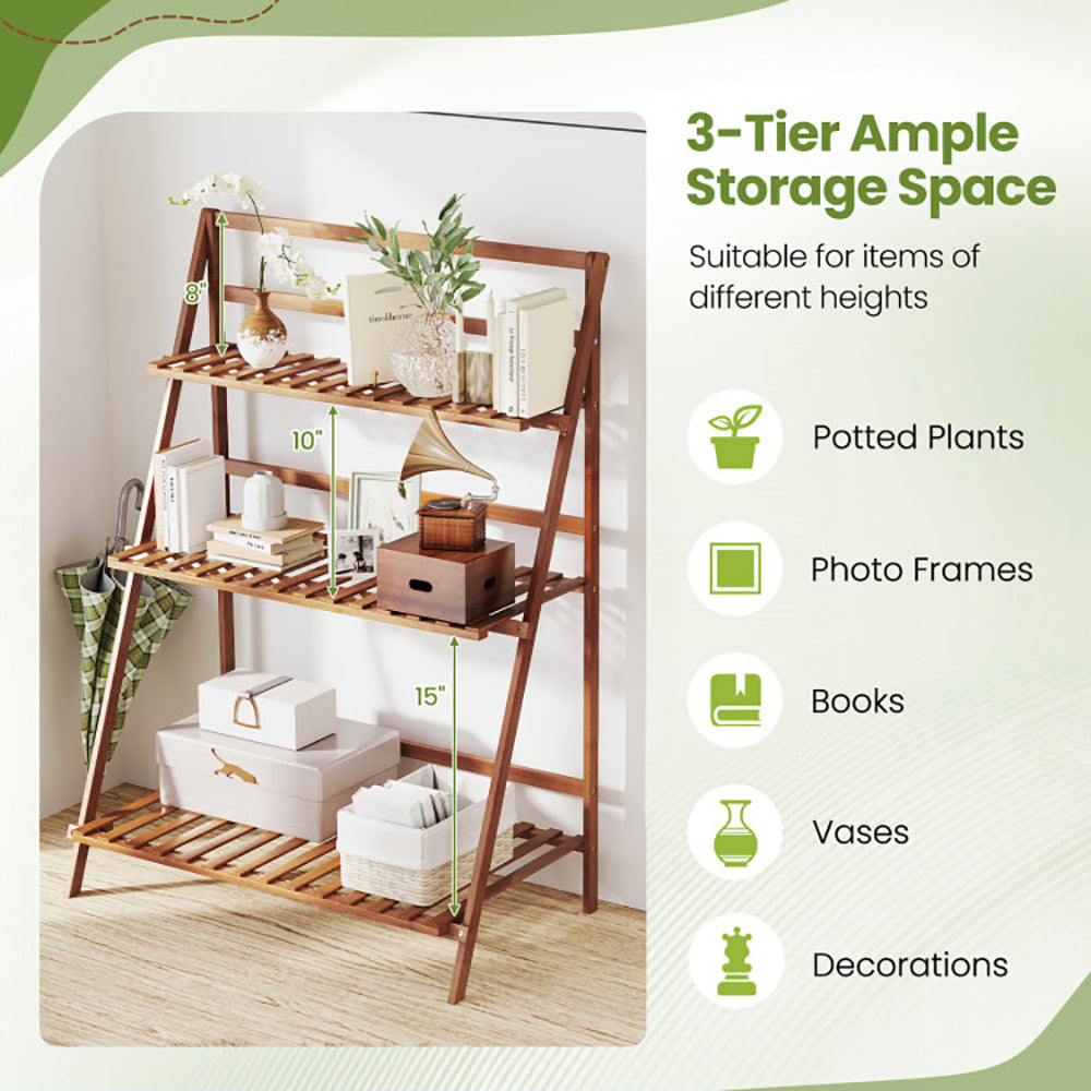3-Tier Bamboo Ladder Shelf Foldable Plant Flower Bookshelf