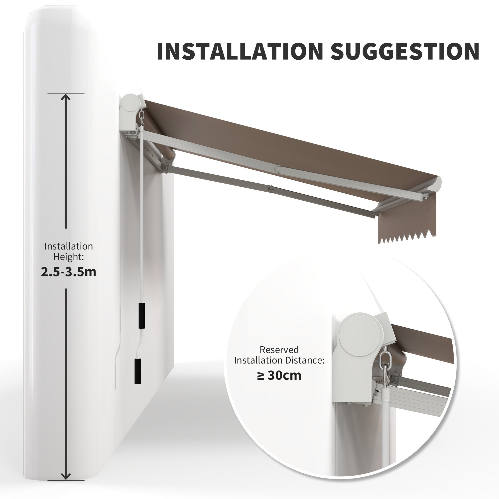 Coocosh manual sunshade awning constructed with durable aluminum, available in classic brown color, ideal for creating a comfortable environment for your patio or balcony.