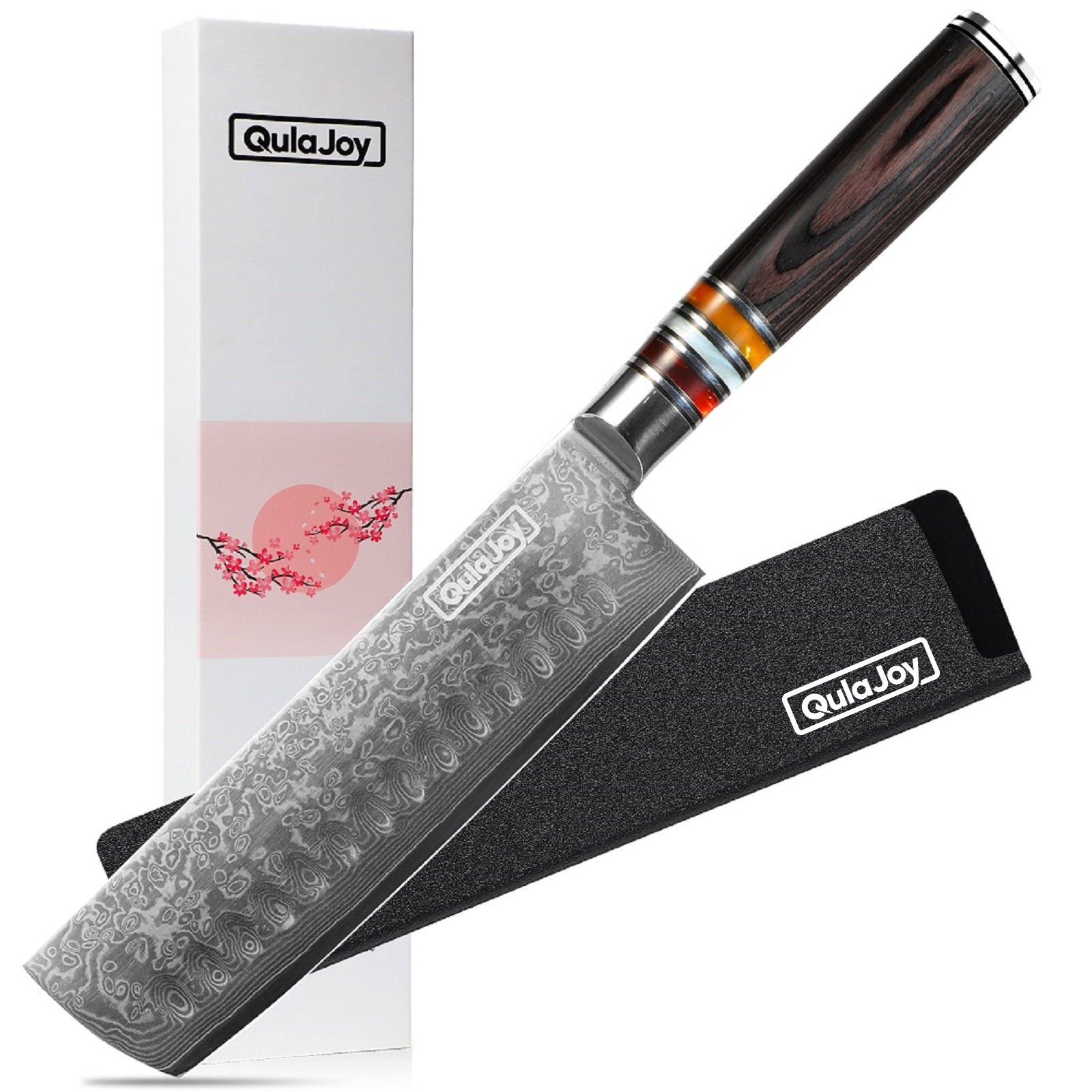 Qulajoy 7 Inch Nakiri Chef Knife, 67-Layer Damascus VG-10, Pakkawood Handle