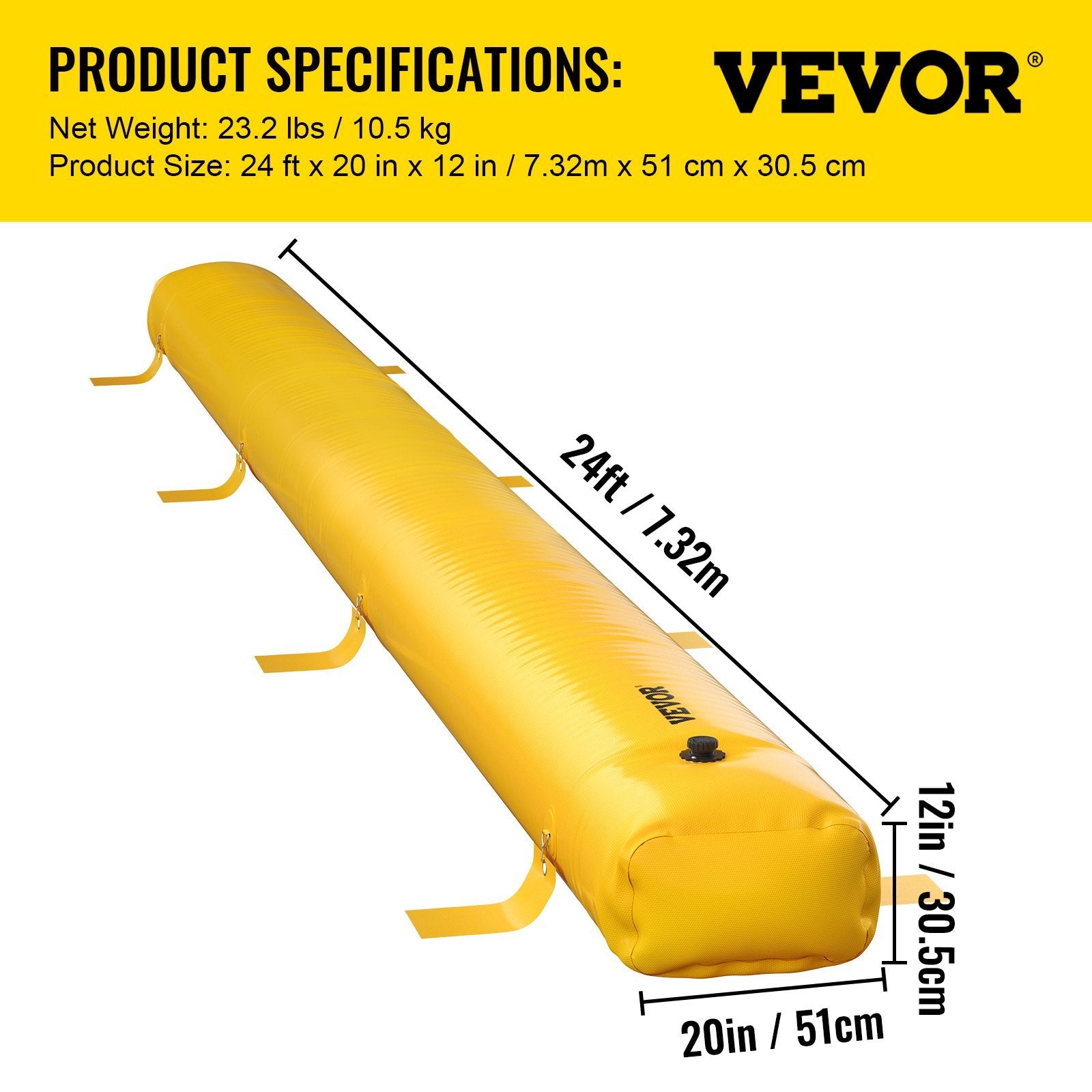 VEVOR Flood Bag, 24 ft x 20 in x 12 in — Reusable PVC Water Diversion Tube (Yellow)