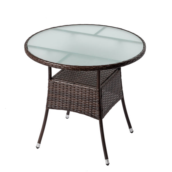 31.5" Round Brown Rattan Wicker Patio Table with Glass Top