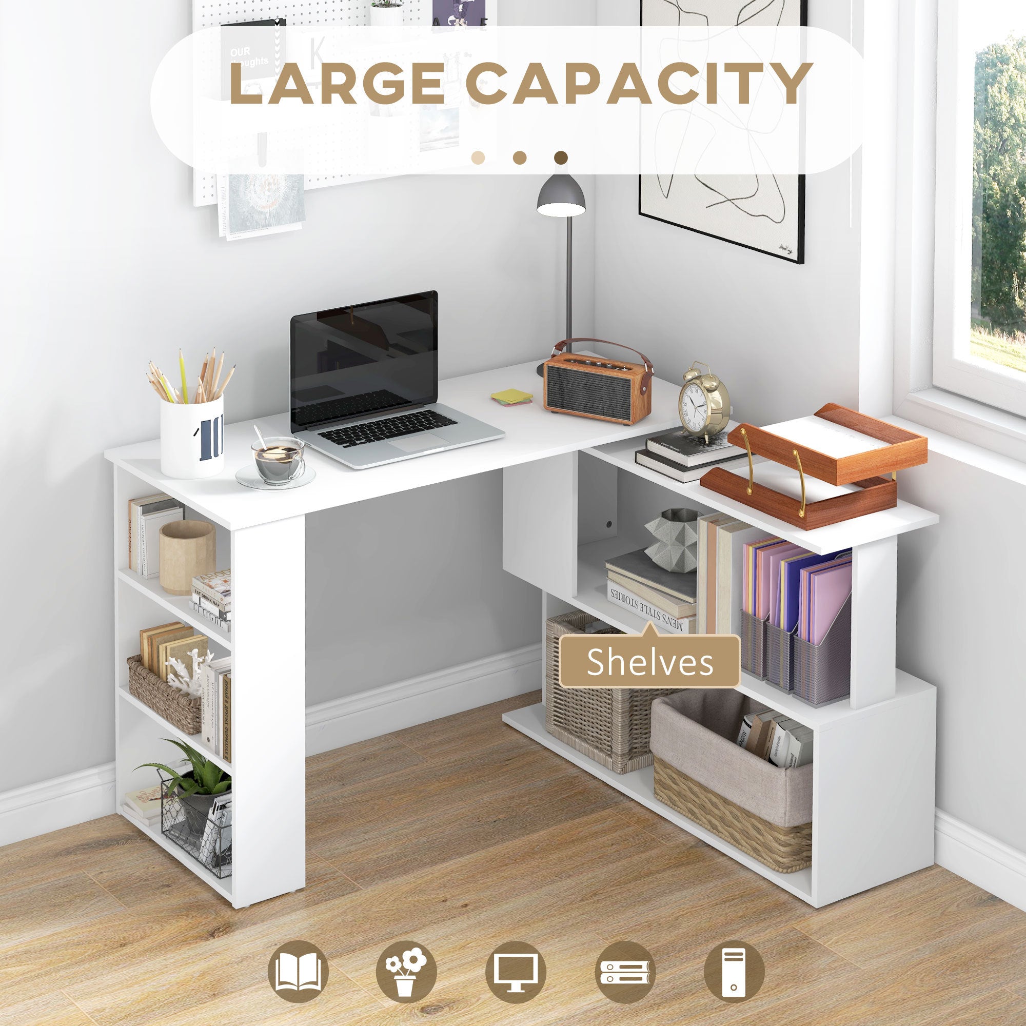 360° Rotating L-Shaped Corner Computer Desk with Storage Shelves, White