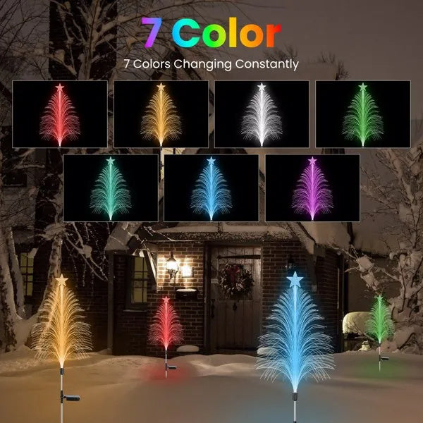 7-Color Solar Christmas Tree Stake Lights 4 Pack - Fiber Optic Cedar with Star