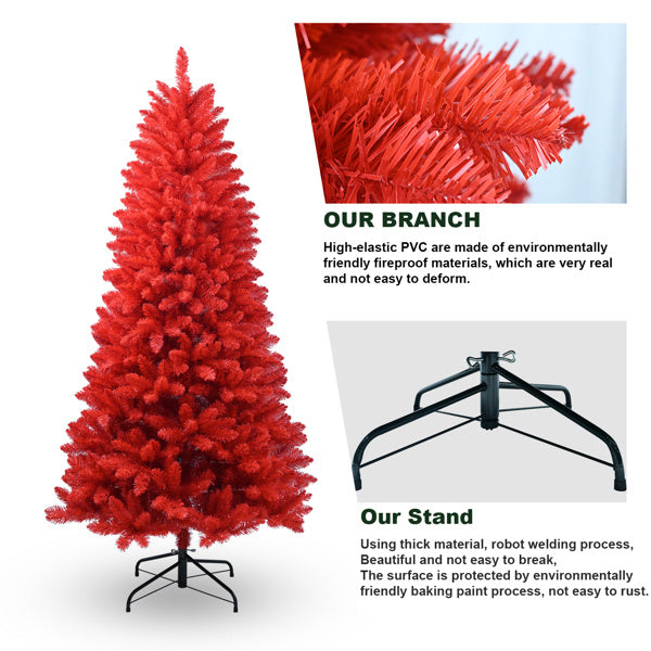 Artificial 5ft Red Christmas Tree With 624 PVC Branch Tips, Hinged Premium & Foldable Base For Indoor Holiday Decorating