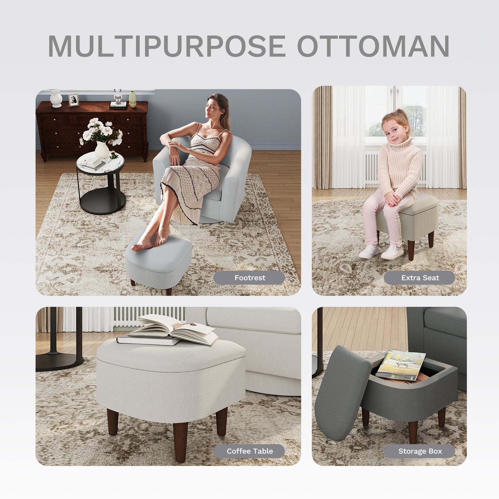 COLAMY Swivel Barrel Accent Chair With Ottoman, Modern Single Sofa, Upholstered Armchair With Storage Space For Home, Beige