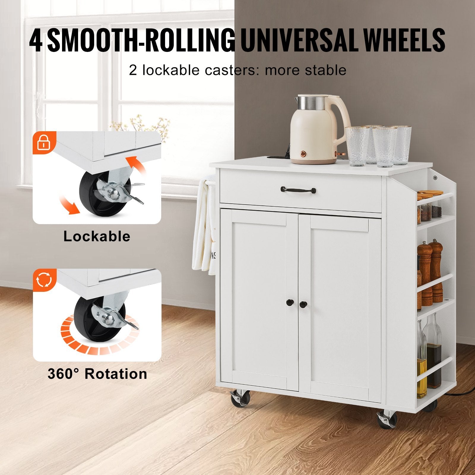 VEVOR Kitchen Island Cart Rolling Storage Cabinet On Wheel With Charging Station