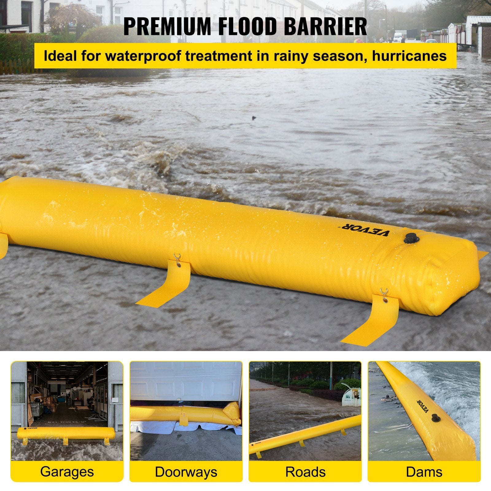 VEVOR Flood Bag, 24 ft x 20 in x 12 in — Reusable PVC Water Diversion Tube (Yellow)