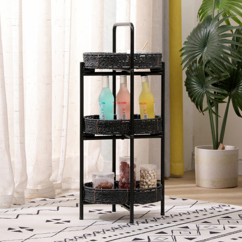 Small Handwoven Side Tables 3-Tier Oval Organizer Portable Storage Shelf For Kitchen, Living Room, Bedroom, Balcony, Picnic - Black