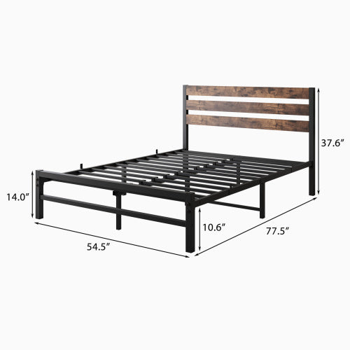 Full Size Platform Bed Frame With Rustic Vintage Wood Headboard, Strong Metal Slats Support Mattress Foundation, No Box Spring Needed Rustic Brown