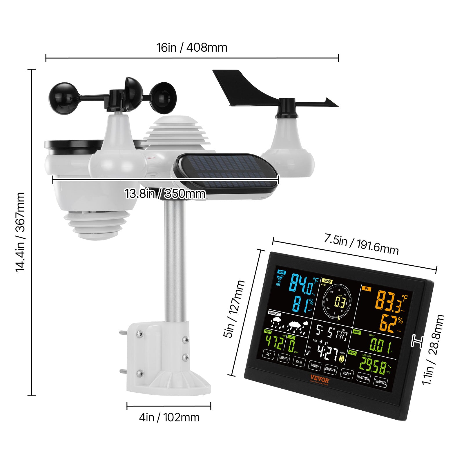 VEVOR 7-in-1 Wireless Weather Station, 7.5" Large Color Display — Indoor/Outdoor