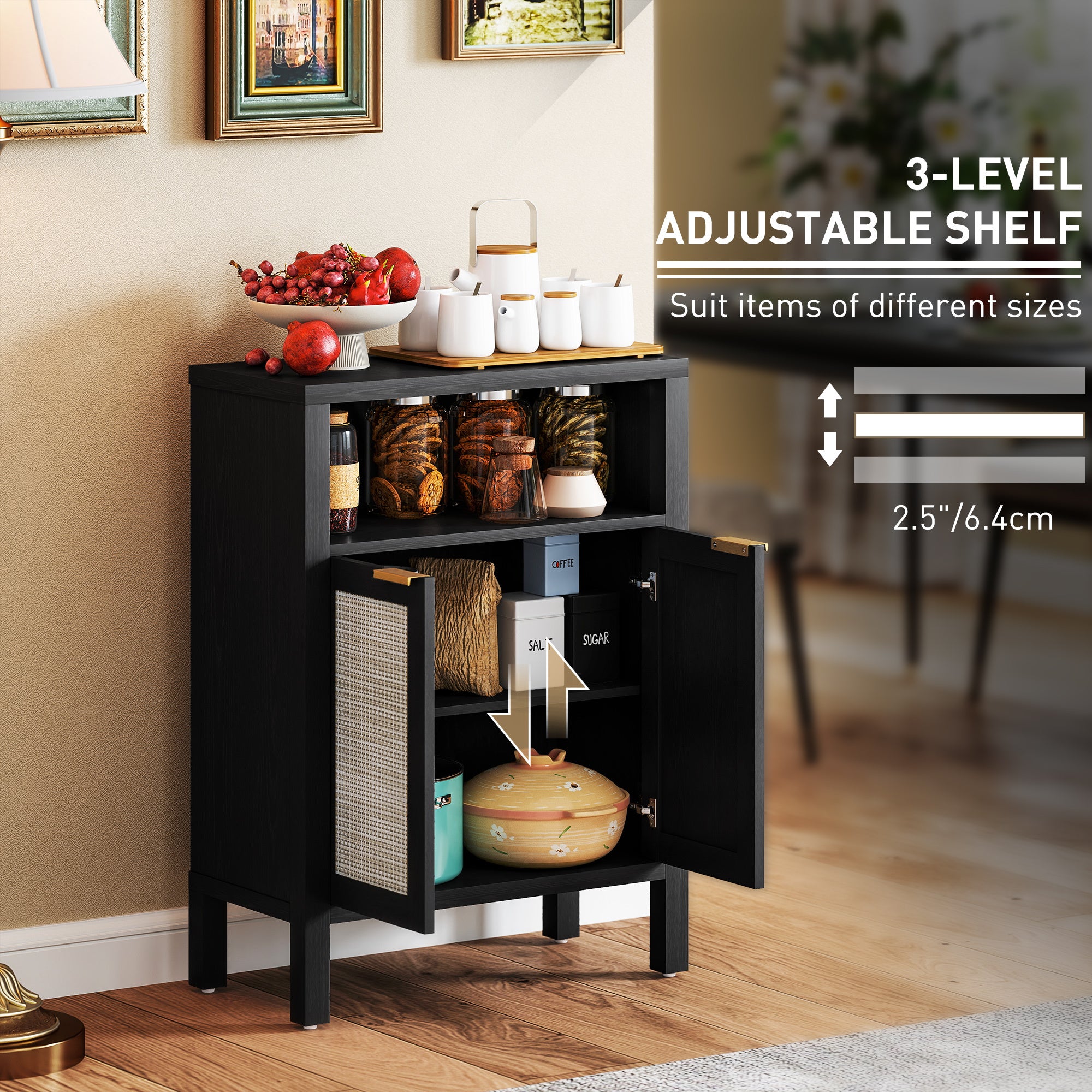 Sideboard Buffet Cabinet With Storage, Modern Accent Cabinet With Adjustable Shelf, Distressed Black