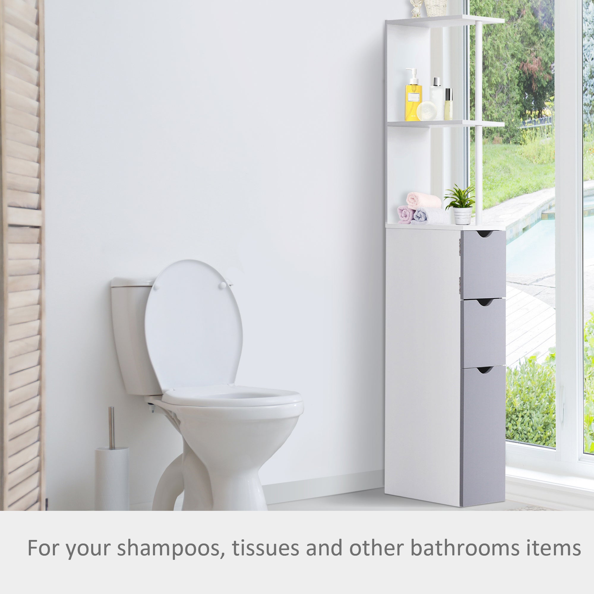 Coocosh freestanding bathroom storage with narrow design, featuring a combination of drawers and open shelving, elegantly crafted in white for modern homes and efficient use in any bathroom.