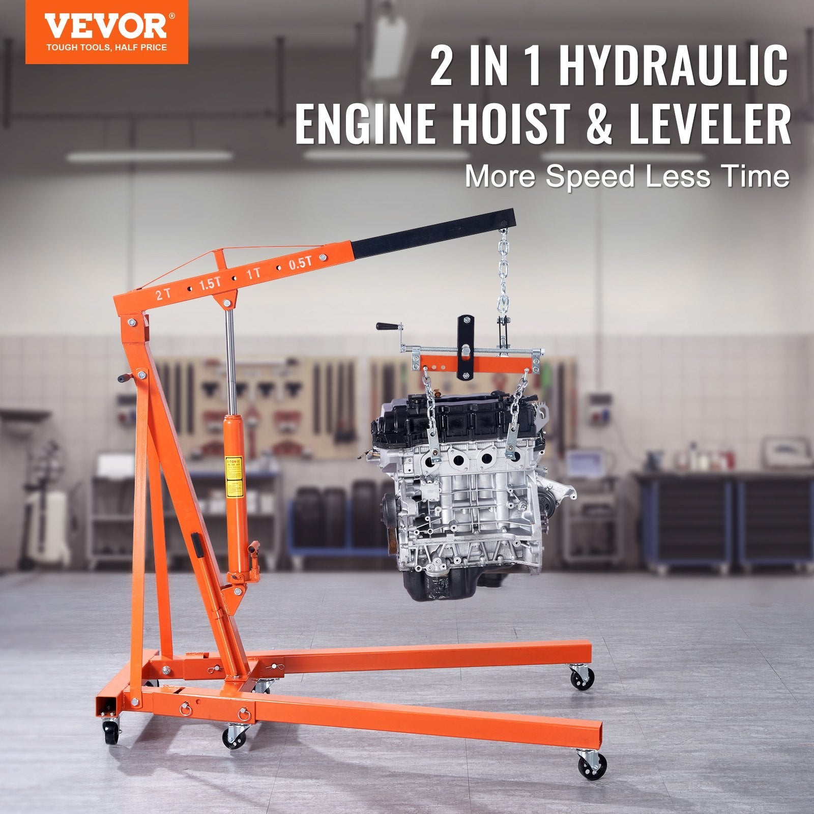 VEVOR Hydraulic Engine Hoist With Lever, 2 Ton (4400 lb) Foldable Cherry Picker Shop Crane