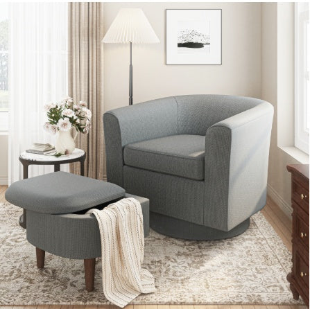 COLAMY Swivel Barrel Accent Chair With Ottoman, Modern Single Sofa, Upholstered Armchair With Storage Space For Home, Beige