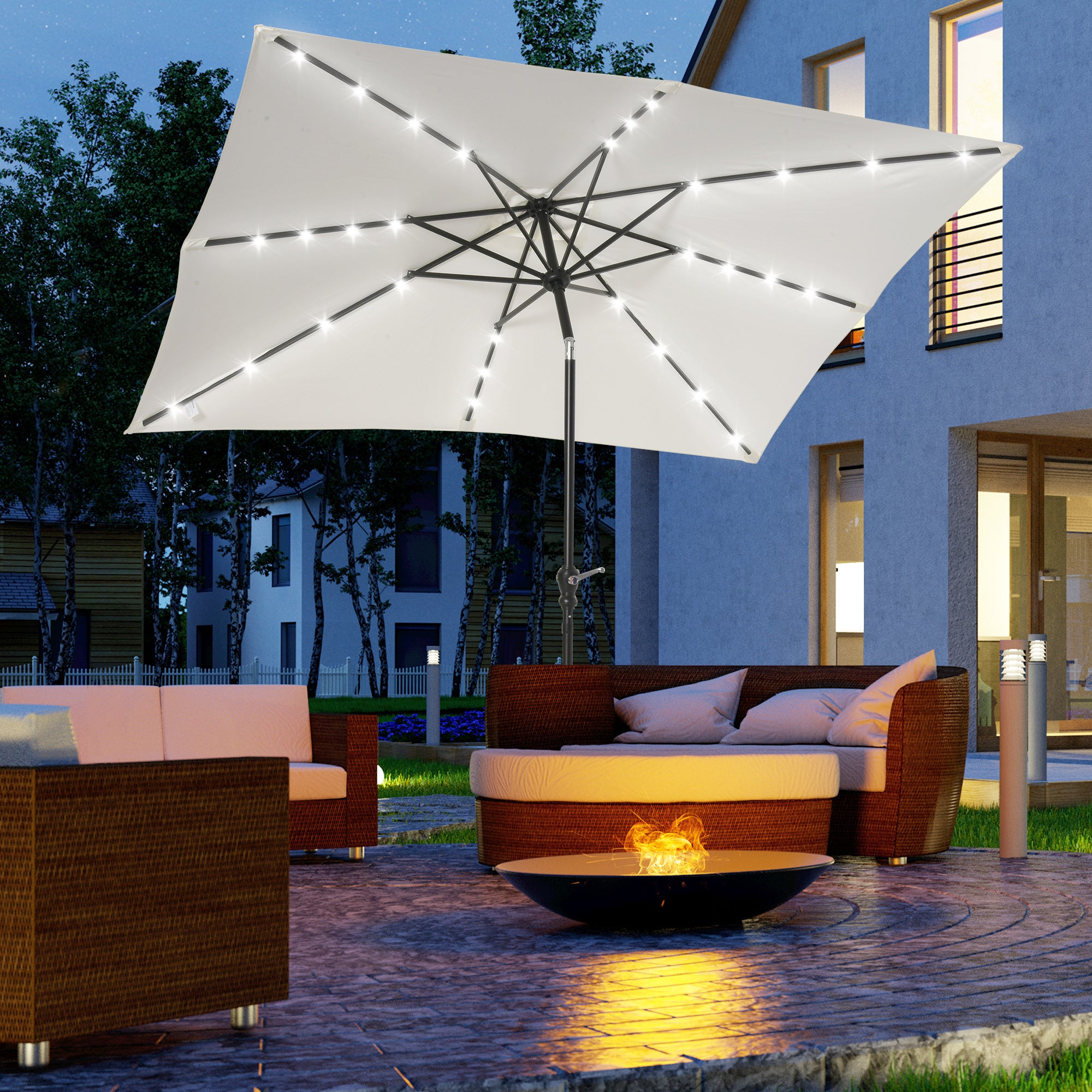 9 X 7 Ft Patio Umbrella Outdoor Table Market With Crank Solar LED Lights Tilt Button - White