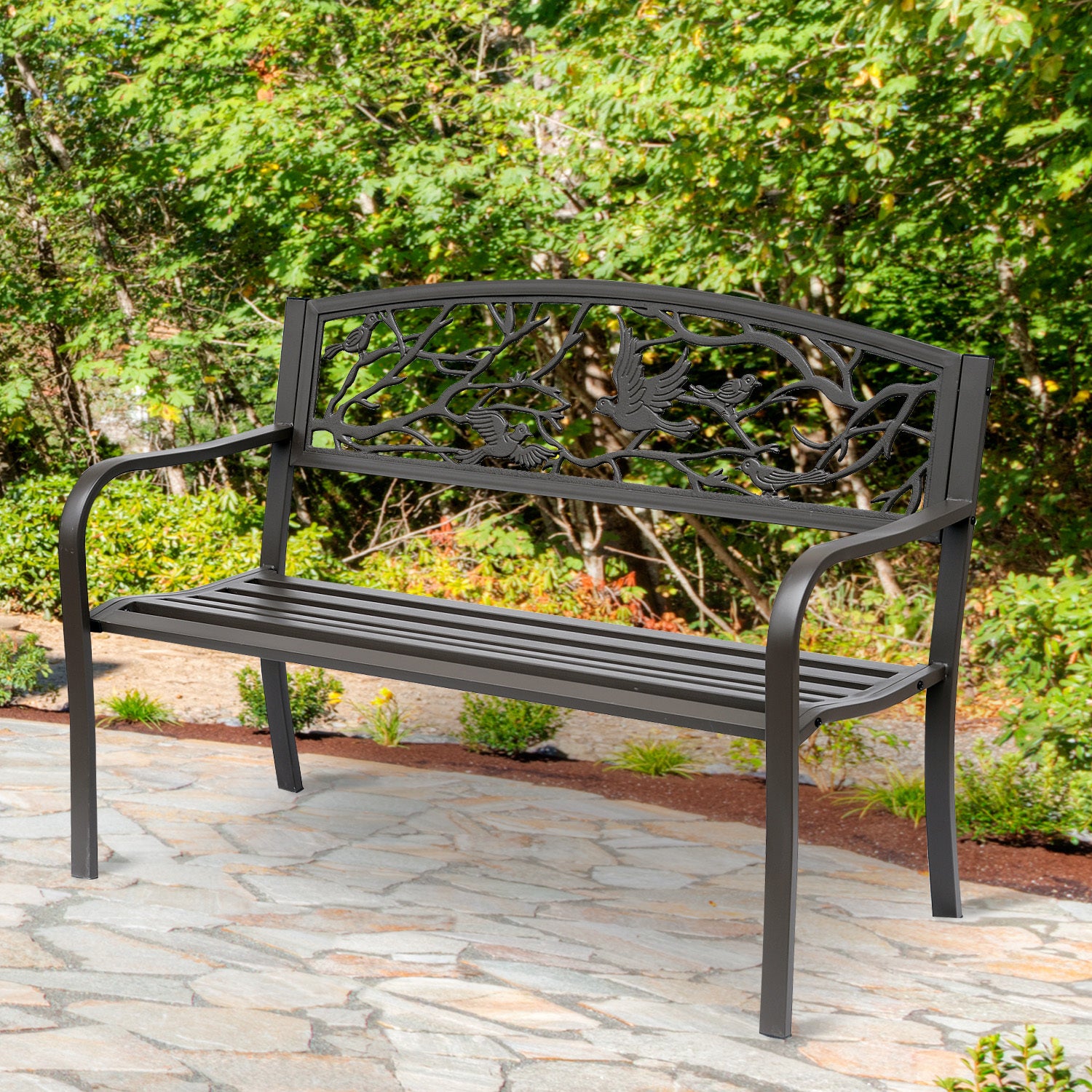 Brown Metal Garden Bench 50" — 2-Seat Patio Bench with Backrest & Armrests