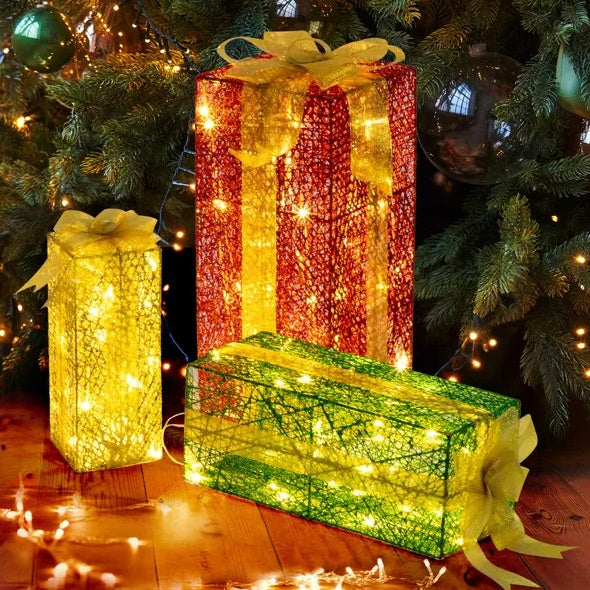 VINGLI Lighted Gift Boxes Set of 3 — Pre-lit Nestable Holiday Present Decor